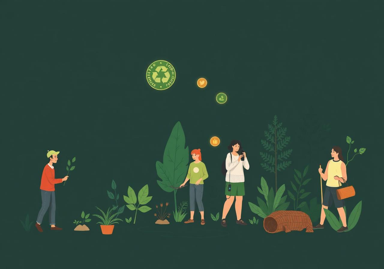 People planting trees, recycling, and cleaning beaches together