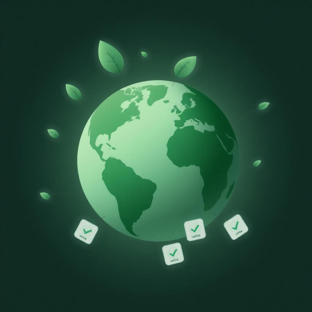 A softly rendered planet Earth surrounded by leaves and verification badges representing verified environmental impact